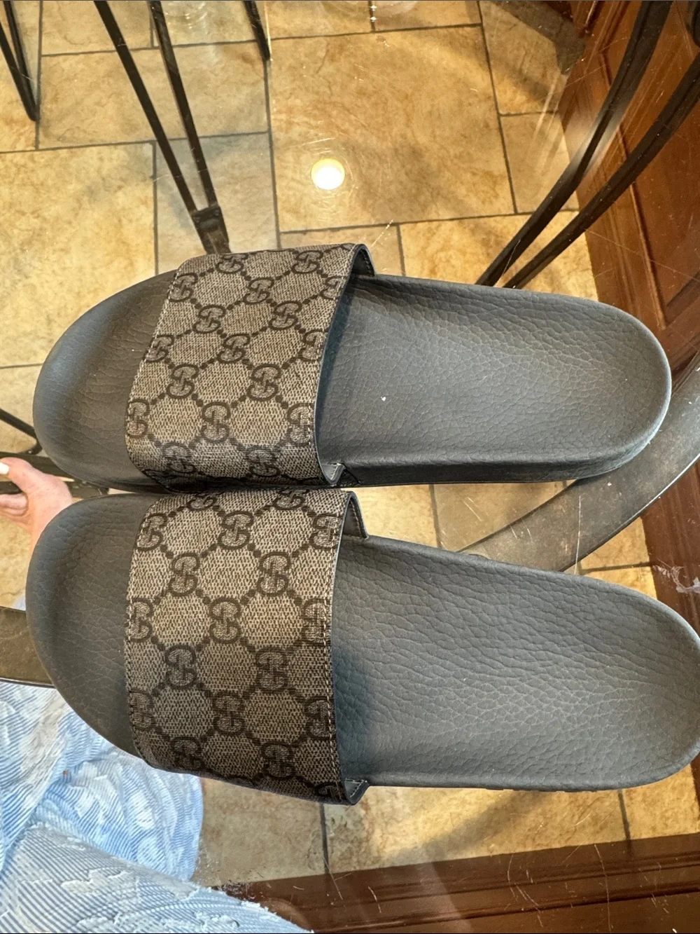 Gucci Black Rubber Footbed Slides with Brown Monogram Strap men’s 6 ladies 8
